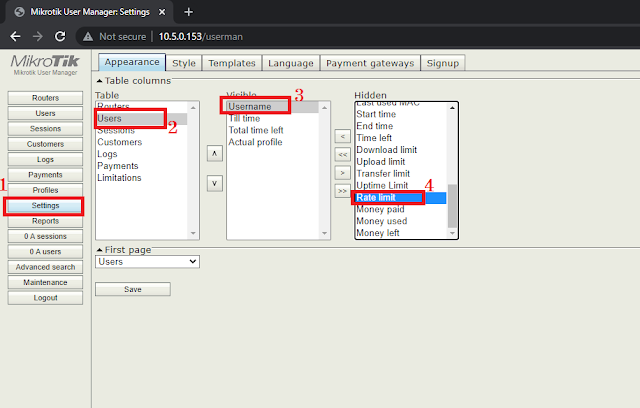 Seting menu Setings pada userman