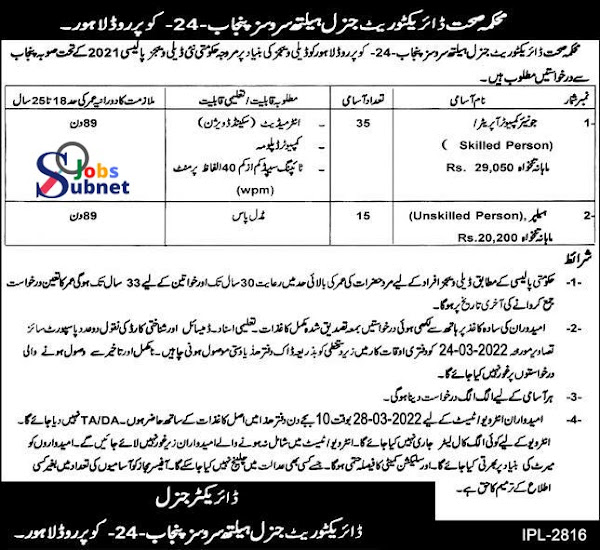 New Directorate General Health Services Department Jobs 2022 in Lahore (Advertisement)