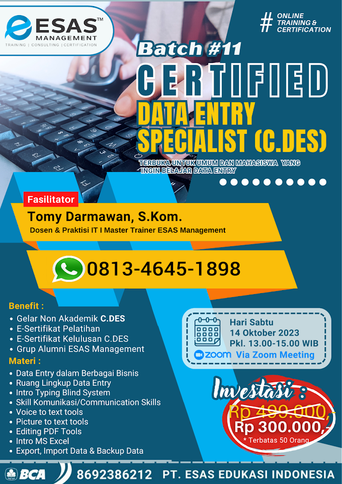 WA.0813-4645-1898 | Certified Data Entry Specialist (C.DES) 14 Oktober 2023