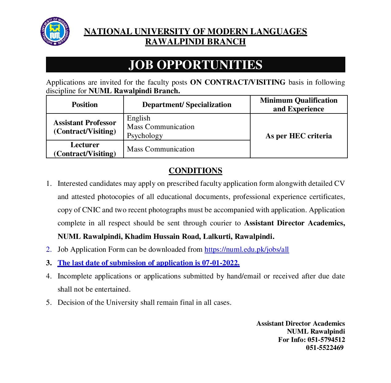 National University of Modern Languages NUML Jobs 2022 All Campuses