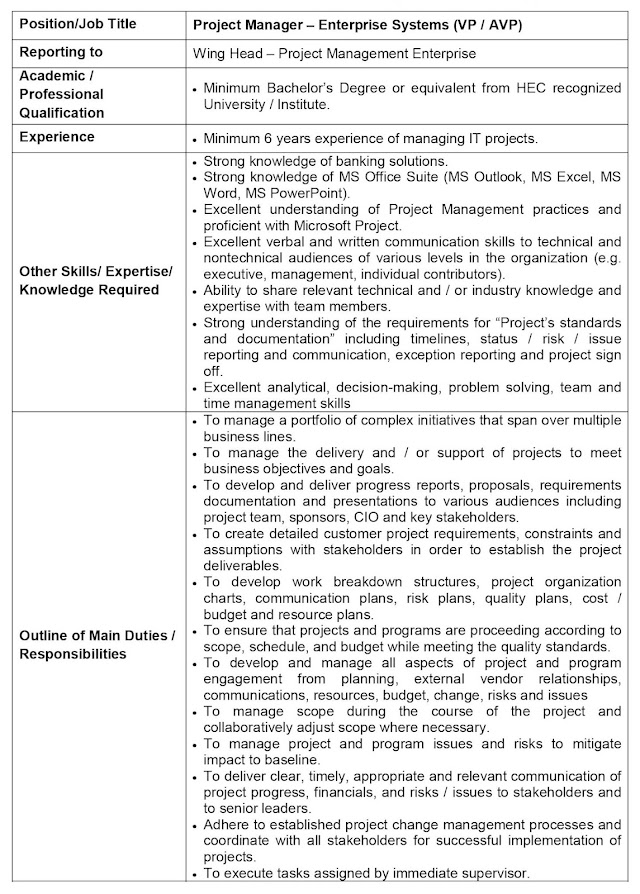  Project Manager Enterprise Systems Karachi JOBS NOV 2021