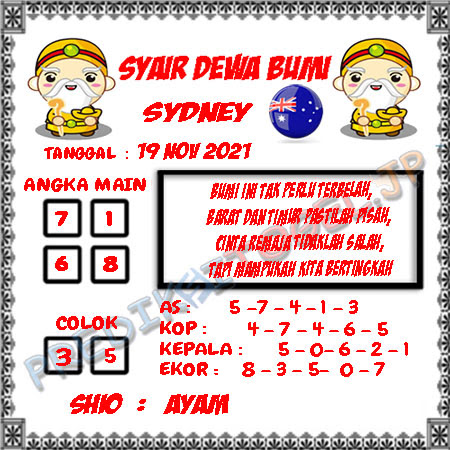 Syair Dewa Bumi Sydney Jumat 19 November 2021