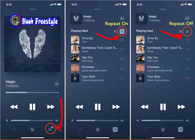 ثلاث لقطات شاشة توضح كيفية إيقاف تشغيل التكرار في تطبيق موسيقى iPhone