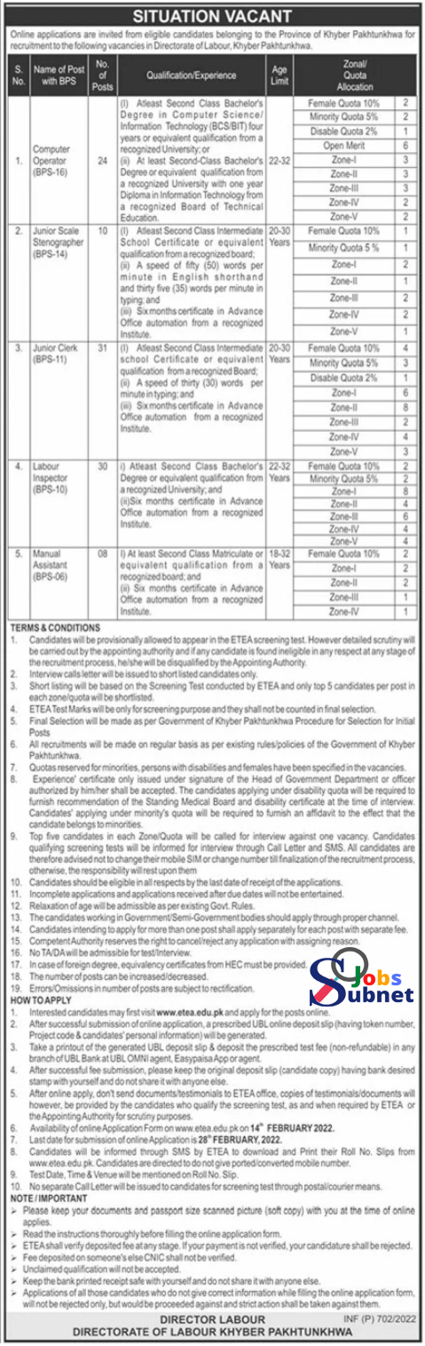 Today Jobs 2022 In Directorate Of Labour KPK Advertisement Online apply