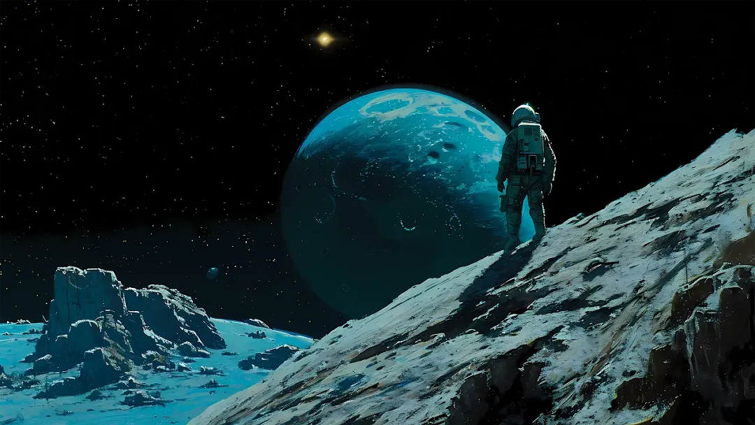 Astronaut gazing at a large blue planet wallpaper 4k