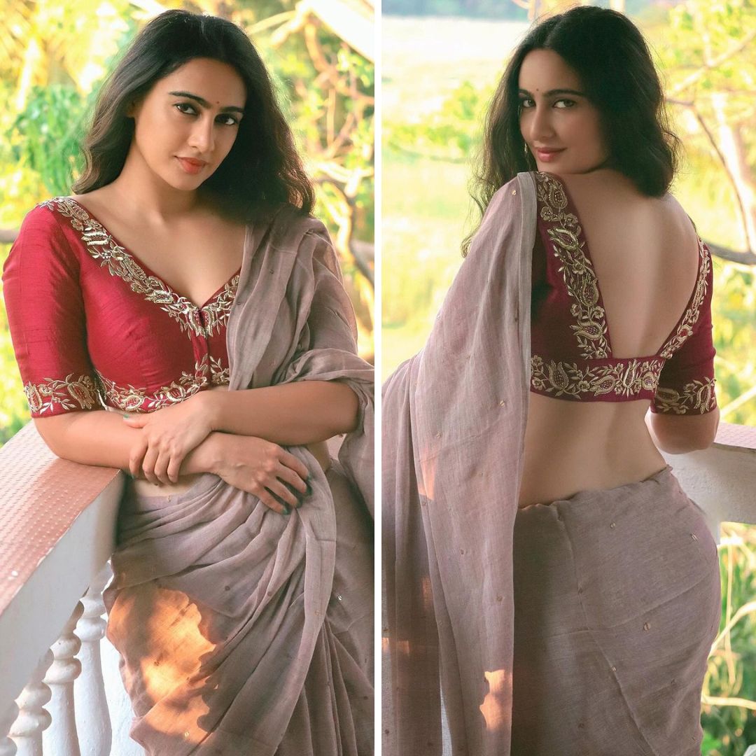 Megha Shukla Exposes her Sexy back in a Dark-Red Backless Blouse and Saree