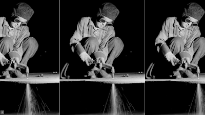 3 frames of woman welders at work in 1943