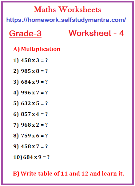 Maths worksheet for Grade 3: Exercise 4, Maths-worksheet-grade-3