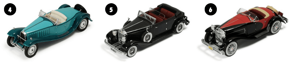 bugatti royale type 41 cabriolet esders 1:43, hispano suiza h6c 1:43, duesenberg ssj 1:43, coleccion ixo museum