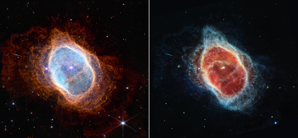 Two views of the Southern Ring Nebula in infrared - MIRI and NIRCam.