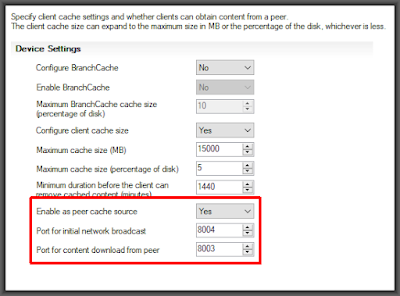 Client Settings items for Peer Cache