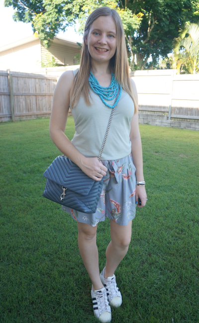 silver tank with pastel printed culotte shorts sneakers edie shoulder bag and turquoise beaded statement necklace | awayfromblue