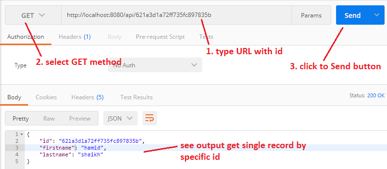 get single records from the document using rest api url with specific id in the postman tool