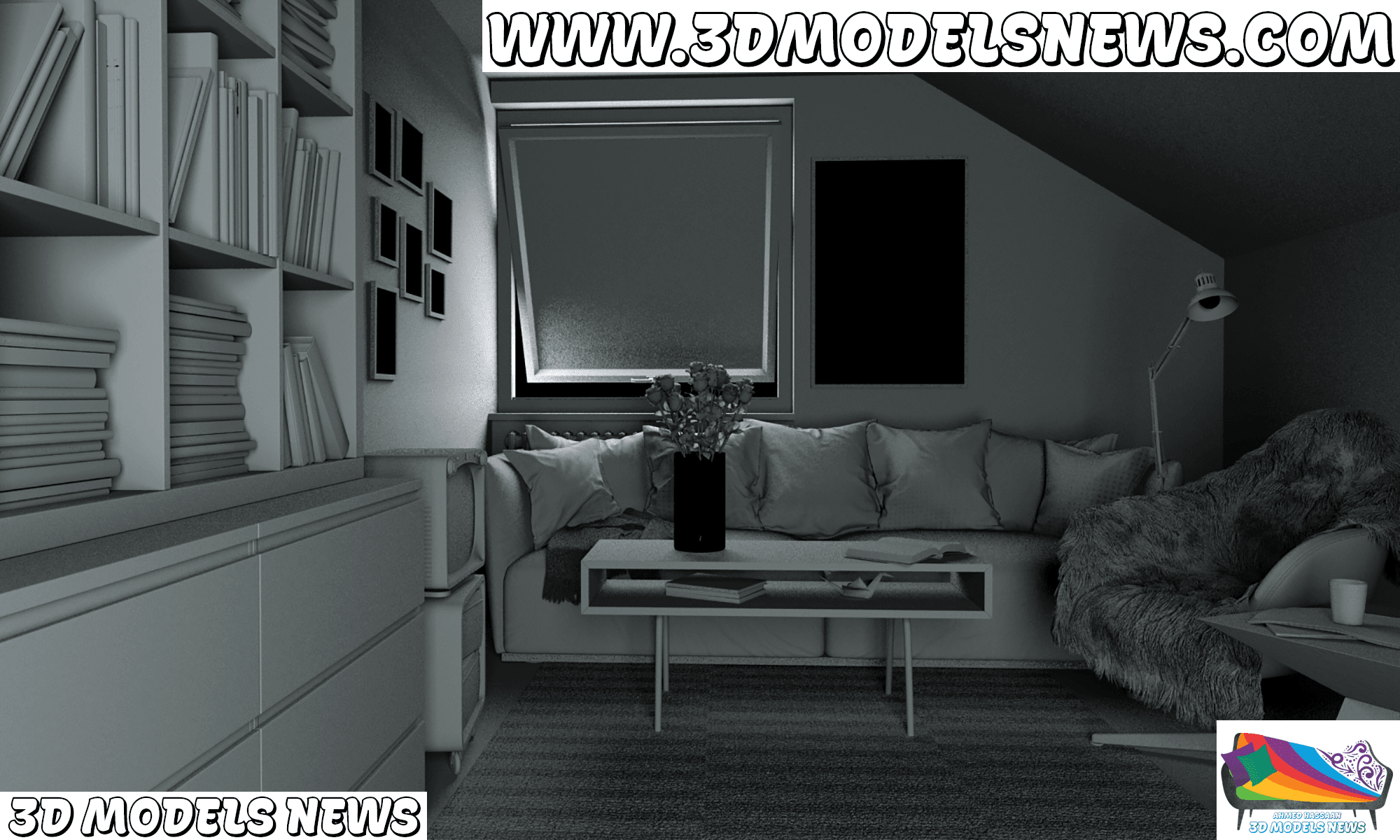 مشهد مودرن لغرفة معيشة بالمكتبة والتليفزيون وبعض أدوات الديكور 2