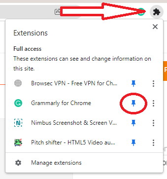 Pin Grammarly Extension on Chrome