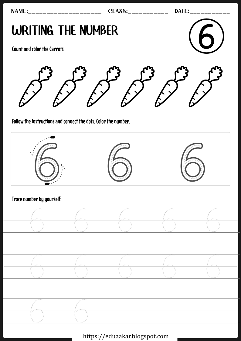 Number 6 Count and Tracing Worksheet for Kindergarten