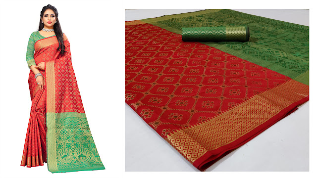 Red Patola Silk Jacquard Weaving Rich Pallu And Brocade Blouse