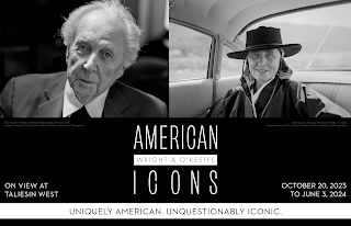 American Icons exhibit graphic with black and white head photographs of Frank Lloyd Wright and Gerogia O'Keeffe