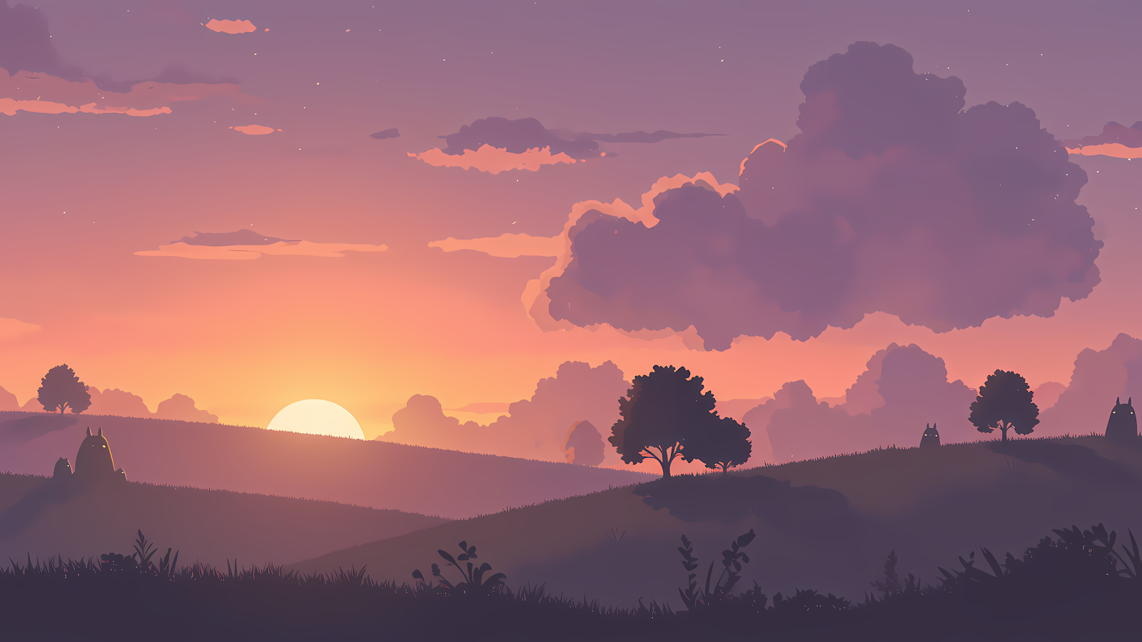 A 4K anime-themed sunset landscape with Totoro silhouettes, silhouetted trees, and soft clouds, ideal as a cool wallpaper for laptop.