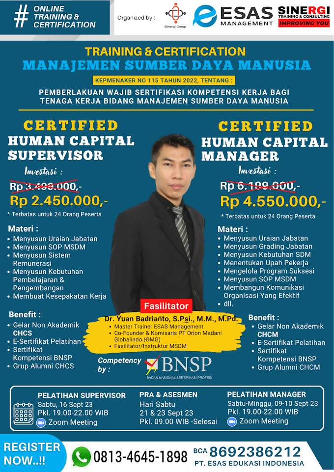WA.0813-4645-1898 | Certified Human Capital Manager (CHCM), Sertifikasi Manajemen Sumber Daya Manusia (MSDM) BNSP RI 9 September 2023