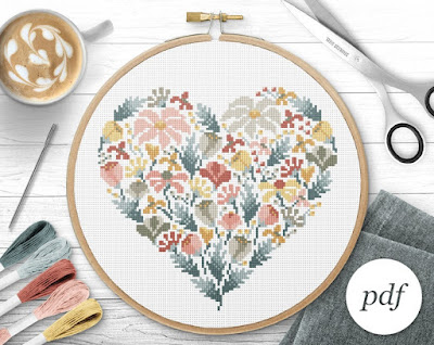 floral heart cross stitch pattern