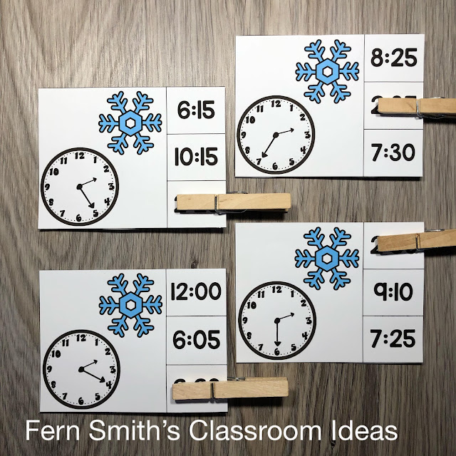 Grab This Easy to Prep January Bundle of Winter Matching Clip Card Math Centers for Time to the Five Minutes