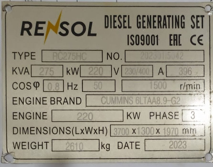 RENSOL RC275HC DIESEL GENERATING SET