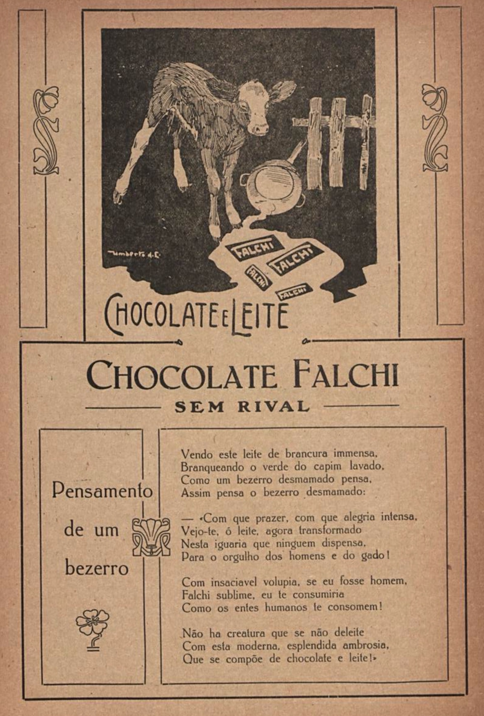 Propaganda antiga veiculada em 1918 promovendo o Chocolate Falchi