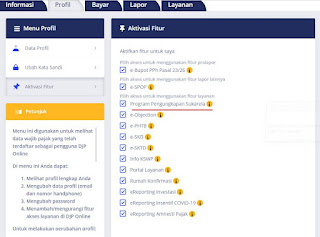 tampilan 'Aktiasi Fitur' DJP Online