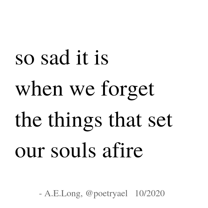 Poem:  "so sad it is / when we forget / the things that set / our souls afire" by A.E.Long on instagram as poetryael