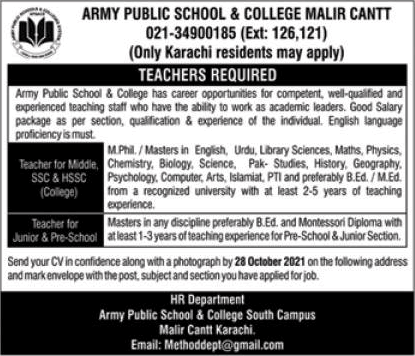 Teachers needed in Army Public School and College Malir Cantt Karachi in October 2021