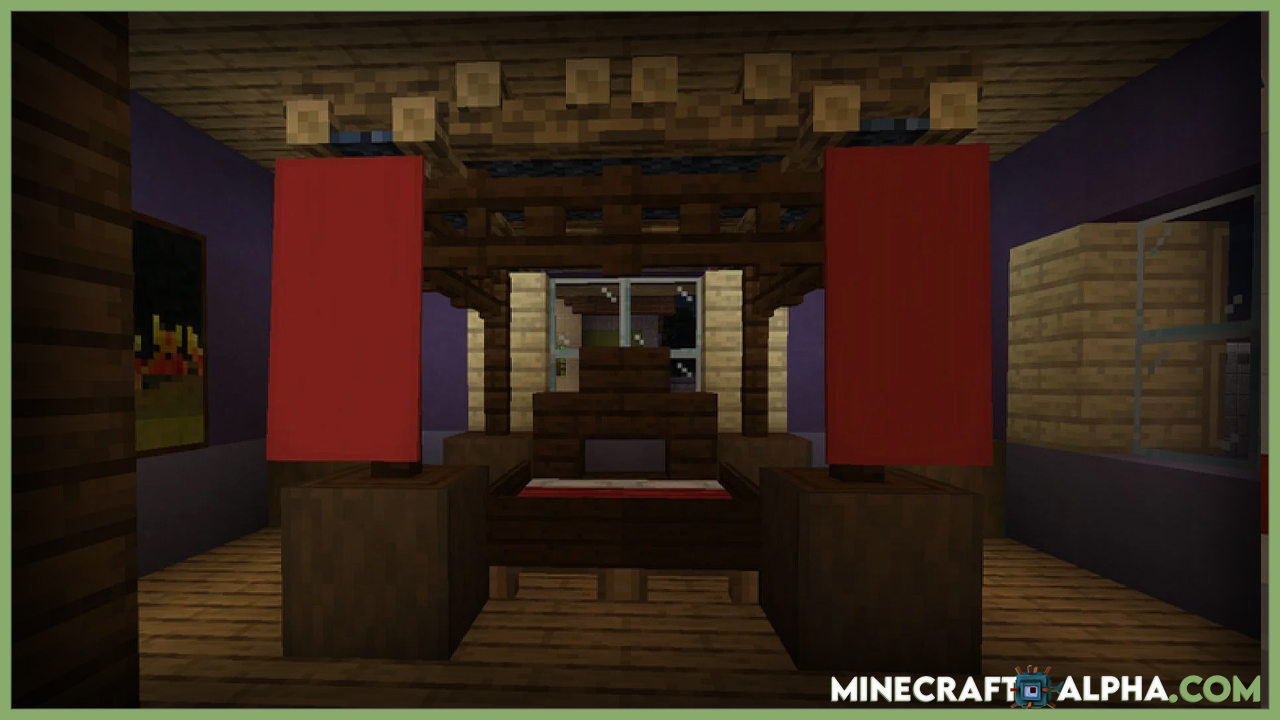 In Minecraft, a screenshot of a player's canopy bed.