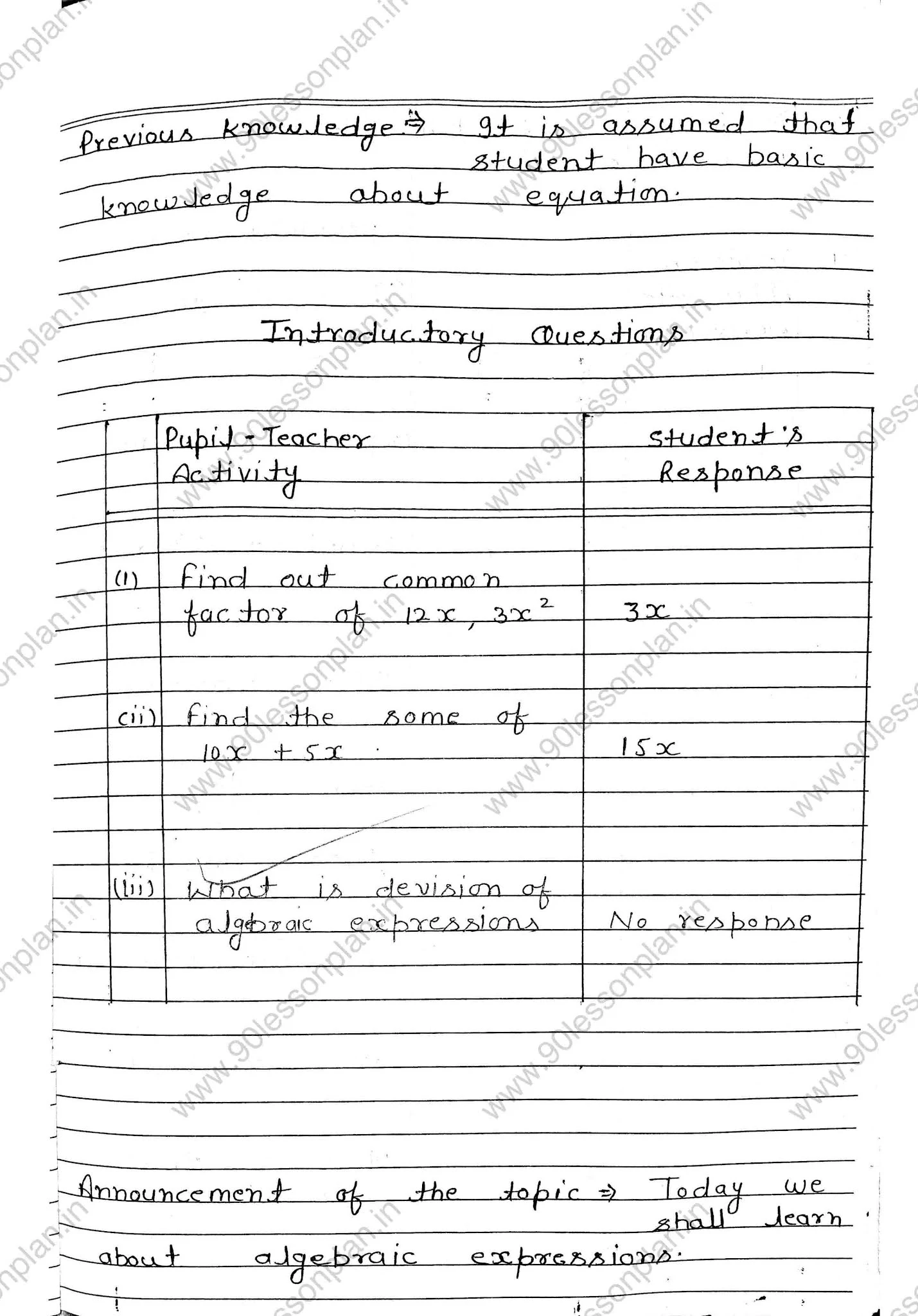Mathematics Teeaching Lesson plan on Algebric Equations in english