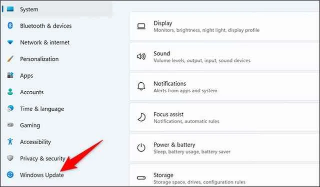 انقر فوق خيار Windows Update