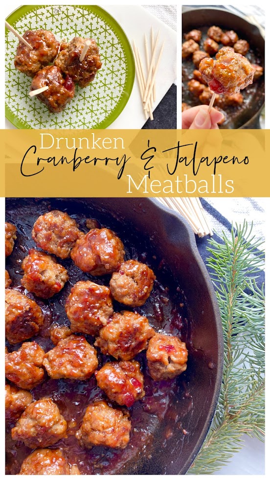 Collage of party meatballs on a plate and in a cast iron skillet.