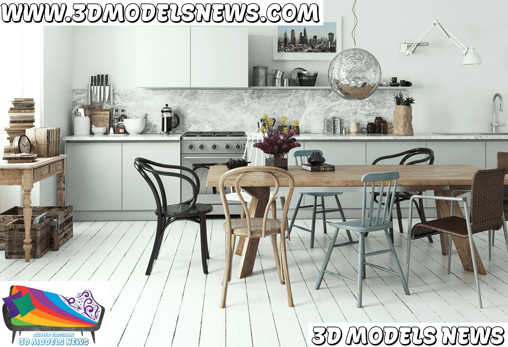 Modern kitchen scene complete with table and chairs in different shapes and colors