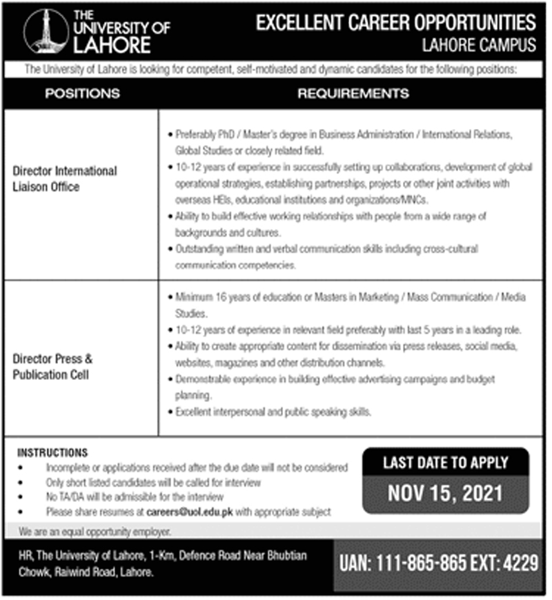 The University of Lahore UOL Jobs 2021 – www.uol.edu.pk