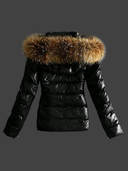 Women Black Jacket Puffer Coat Faux Fur Hooded Long Sleeves Coat