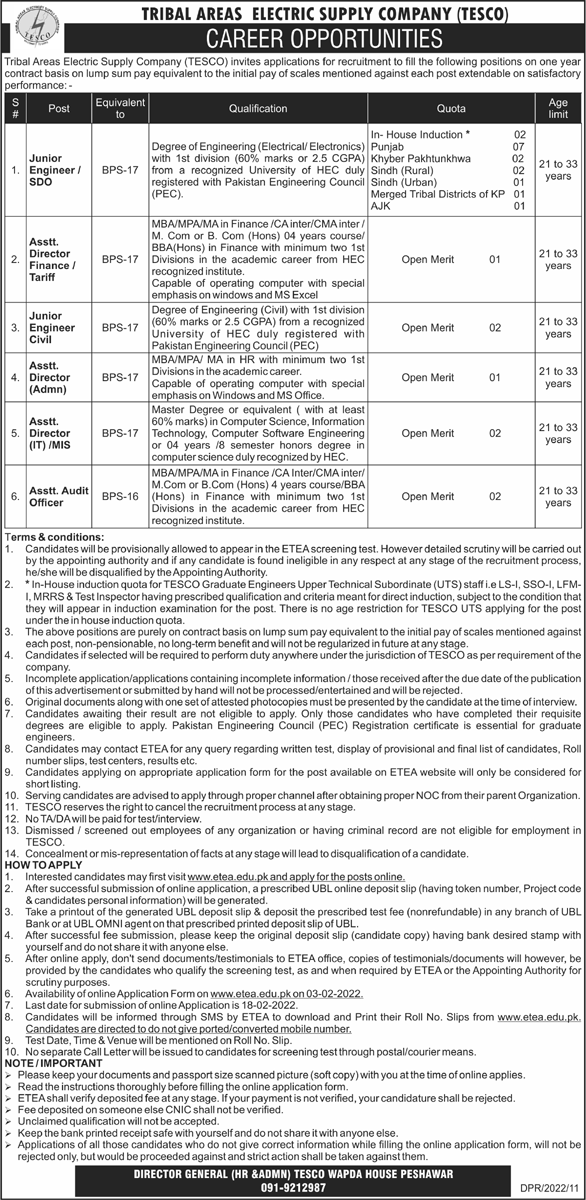 Latest Tribal Areas Electricity Supply Company TESCO Jobs 2022