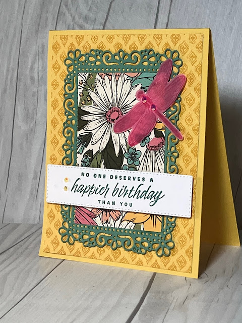 Floral birthday card using Daffodil Afternoon Designer Series Paper and  a Dragonfly from the Dragonfly Garden Stamp Set from Stampin' Up!
