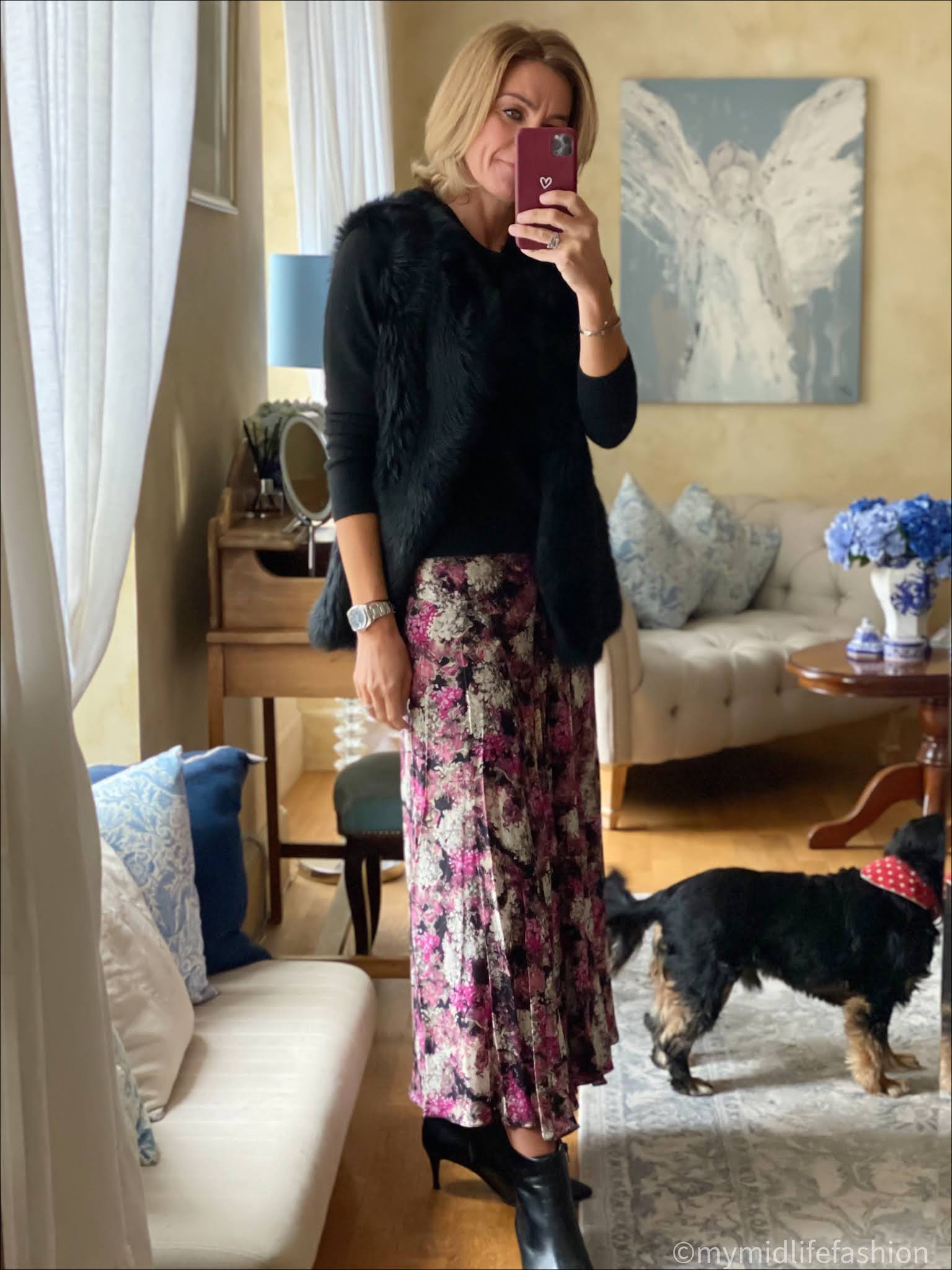 my midlife fashion, the white company sheepskin gilet, Boden crew neck cashmere jumper, raey floral maxi skirt, sole bliss kitten heel ankle boots