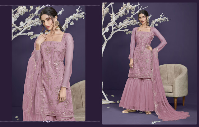 Baby Pink Butterfly Net Thread,Double Sequance Embroidery Work Semi-Stitch  Sharara Suits