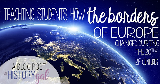 An image of Europe at night from space with text that reads Teaching Students how the Borders of Europe Have Changed, a Blog Post By History Gal