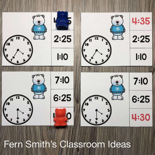 Grab This Easy to Prep January Bundle of Winter Matching Clip Card Math Centers for Time to the Five Minutes