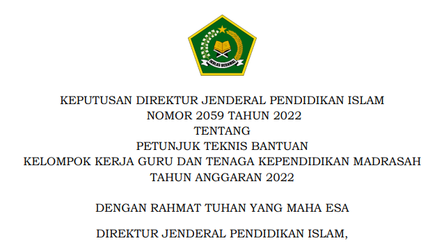 PETUNJUK TEKNIS BANTUAN KELOMPOK KERJA GURU DAN TENAGA KEPENDIDIKAN MADRASAH TAHUN ANGGARAN 2022