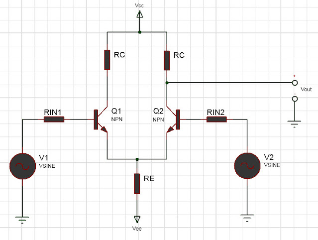 circuit schematic of dual inputs unbalanced output differential amplifier