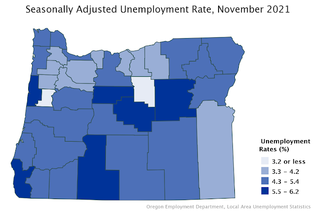Map entitled "Seasonally Adjusted Unemployment Rate, November 2021" for Oregon's counties. The unemployment rate was the highest in Grant County (6.2%) and lowest in Wheeler County (2.8%)
