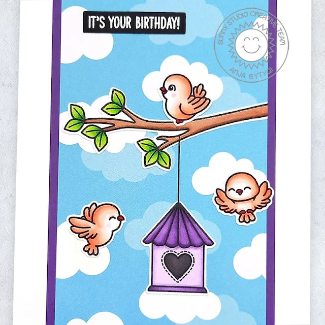 Sunny Studio Stamps: Little Birdie Birds with Tree Branch & Clouds Birthday Card by Anja Bytyqi