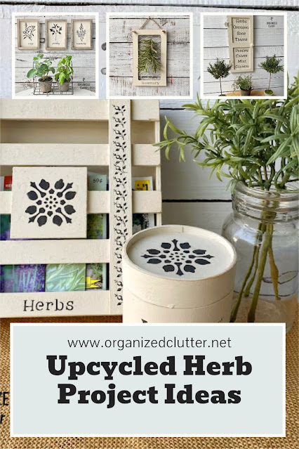 Photo collage of herb themed DIY projects.