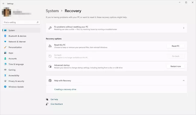 kemudian klik menu recovery lalu tekan tombol advanced startup